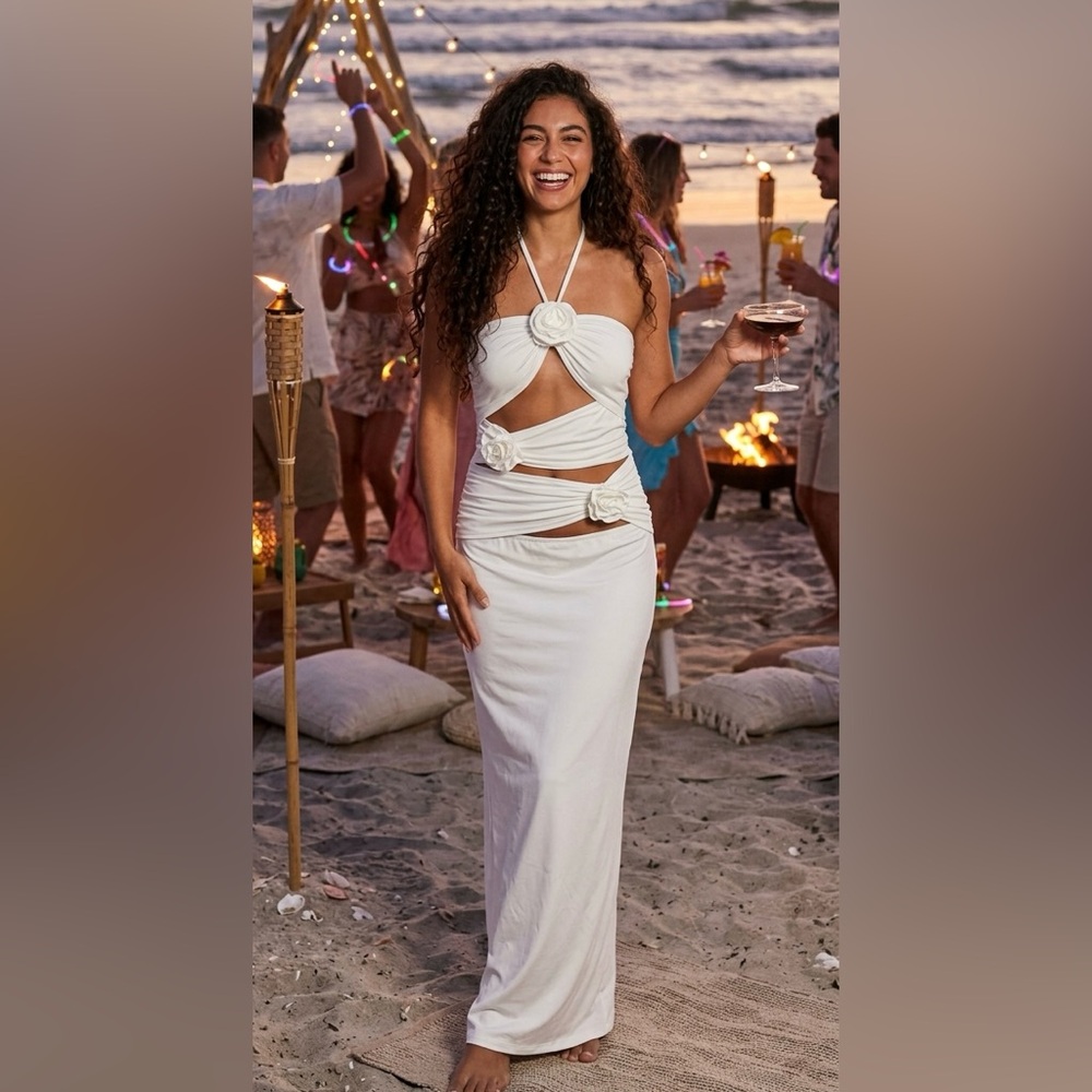 White Halter Cutout Maxi Dress with 3D Flower Details - NWT